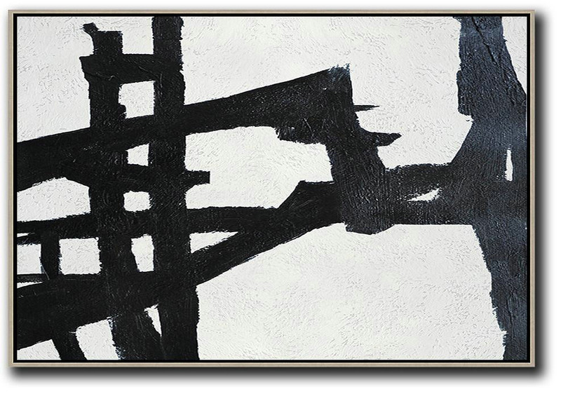 Modern Art Abstract Painting,Hand Painted Oversized Horizontal Minimal Art On Canvas, Black And White Minimalist Painting - Huge Abstract Canvas Art